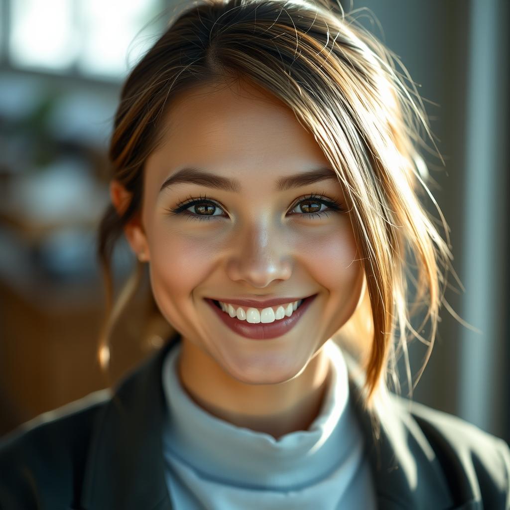 A portrait of a person with a bright, warm smile and well-groomed eyebrows, radiating positivity and joy