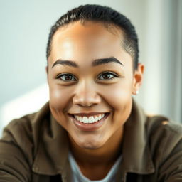 A portrait of a person with a bright, warm smile and well-groomed eyebrows, radiating positivity and joy