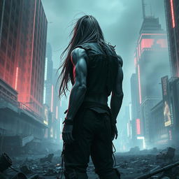 A lone muscular white zombie warlord with long, disheveled hair stands amidst the ruins of a cyberpunk post-apocalyptic city
