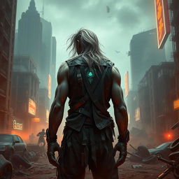 A lone muscular white zombie warlord with long, disheveled hair stands amidst the ruins of a cyberpunk post-apocalyptic city
