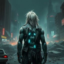A lone muscular white zombie warlord with long, disheveled hair stands amidst the ruins of a cyberpunk post-apocalyptic city