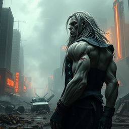 A lone muscular white zombie warlord with long, disheveled hair stands amidst the ruins of a cyberpunk post-apocalyptic city