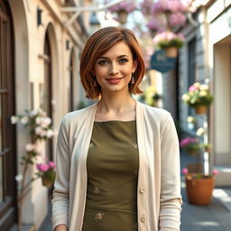 A graceful Russian beauty aged 35 to 45 with a trendy hairstyle that frames her face beautifully