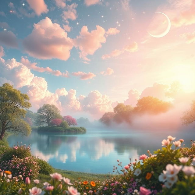 A serene and beautiful dreamscape representing improved mental health, showcasing a vibrant and uplifting landscape filled with soft, fluffy clouds glowing in pastel colors