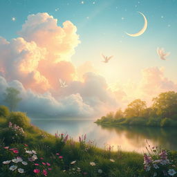 A serene and beautiful dreamscape representing improved mental health, showcasing a vibrant and uplifting landscape filled with soft, fluffy clouds glowing in pastel colors