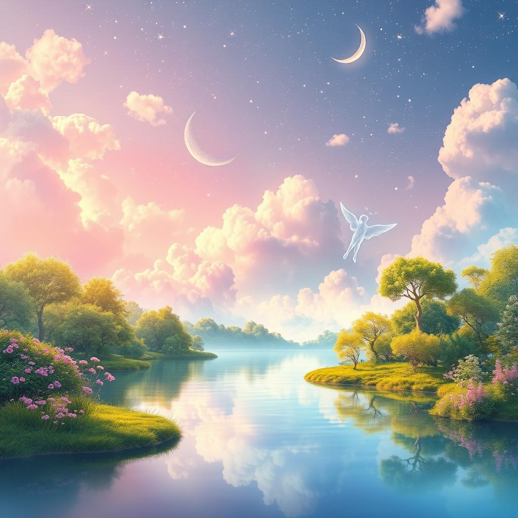 A serene and beautiful dreamscape representing improved mental health, showcasing a vibrant and uplifting landscape filled with soft, fluffy clouds glowing in pastel colors