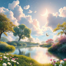 A serene and beautiful dreamscape representing improved mental health, showcasing a vibrant and uplifting landscape filled with soft, fluffy clouds glowing in pastel colors