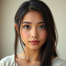 A portrait of a woman with a height of 160 cm, possessing a round face and big dark brown eyes, framed by long black hair