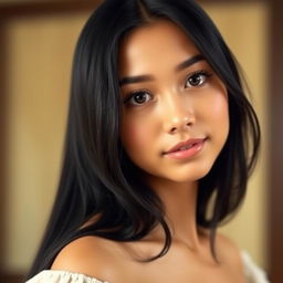 A portrait of a woman with a height of 160 cm, possessing a round face and big dark brown eyes, framed by long black hair