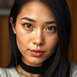 A portrait of a woman with a height of 160 cm, possessing a round face and big dark brown eyes, framed by long black hair