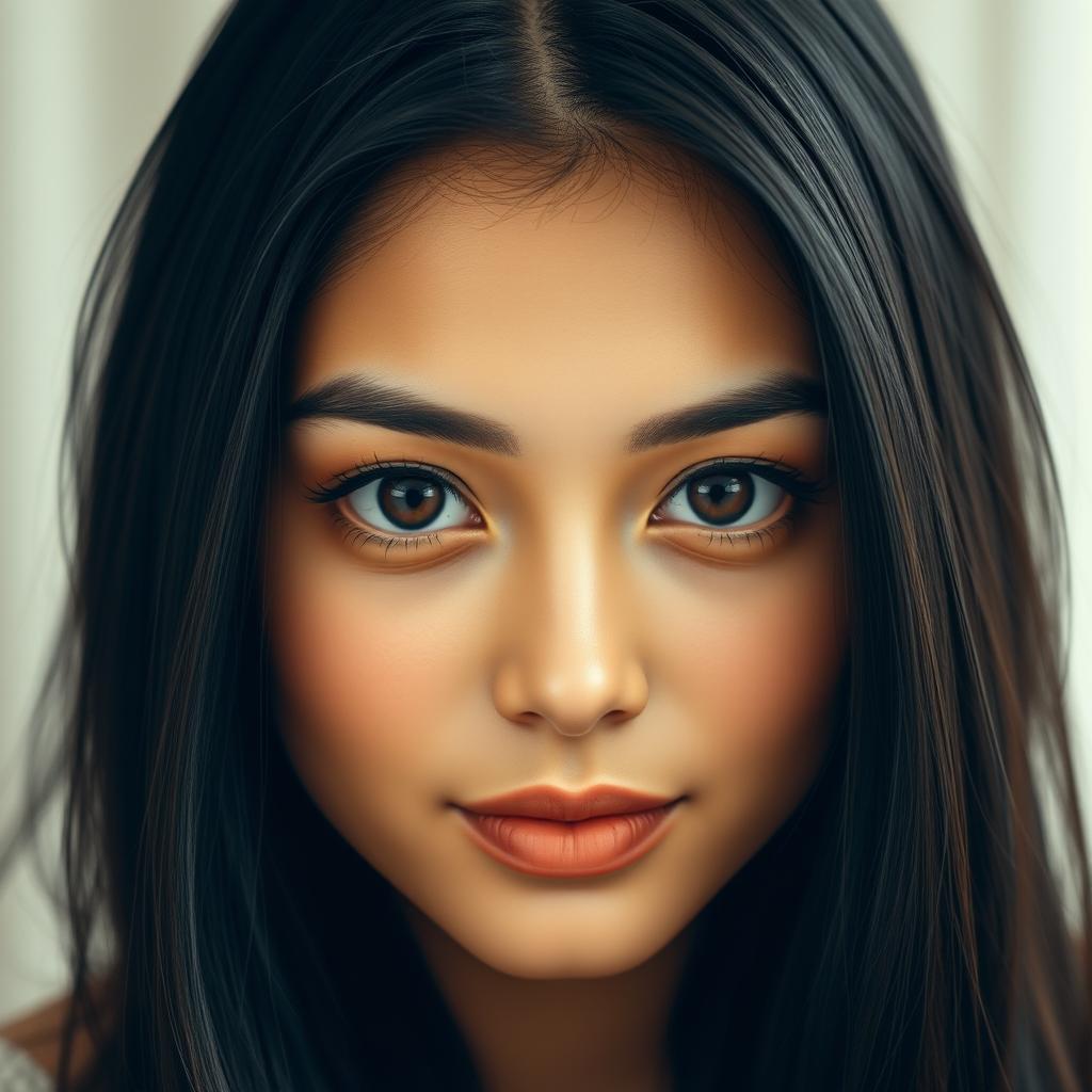 A portrait of a woman with a height of 160 cm, possessing a round face and big dark brown eyes, framed by long black hair