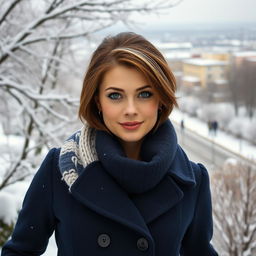 A stunning Russian beauty aged 35 to 45, featuring a stylish and modern hairstyle that enhances her elegant look