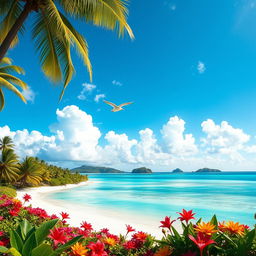 A breathtaking tropical paradise featuring a pristine white sandy beach, crystal clear turquoise waters, and lush green palm trees swaying gently in the breeze