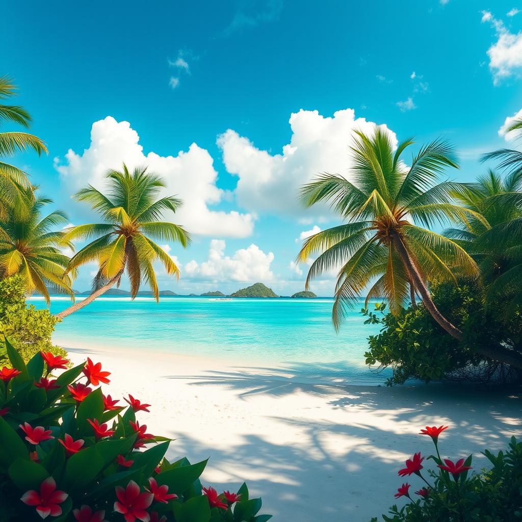 A breathtaking tropical paradise featuring a pristine white sandy beach, crystal clear turquoise waters, and lush green palm trees swaying gently in the breeze