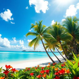 A breathtaking tropical paradise featuring a pristine white sandy beach, crystal clear turquoise waters, and lush green palm trees swaying gently in the breeze