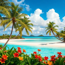 A breathtaking tropical paradise featuring a pristine white sandy beach, crystal clear turquoise waters, and lush green palm trees swaying gently in the breeze