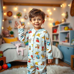 A whimsical and imaginative scene featuring a boy wearing a colorful, playful nighty
