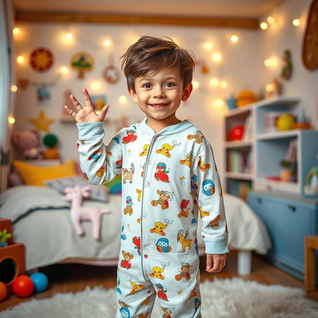 A whimsical and imaginative scene featuring a boy wearing a colorful, playful nighty