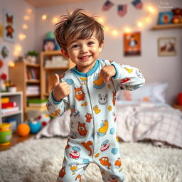 A whimsical and imaginative scene featuring a boy wearing a colorful, playful nighty