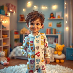 A whimsical and imaginative scene featuring a boy wearing a colorful, playful nighty