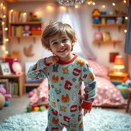A whimsical and imaginative scene featuring a boy wearing a colorful, playful nighty