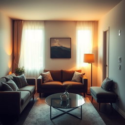 A cozy interior scene featuring an inviting living room with a stylish sofa and a beautiful coffee table