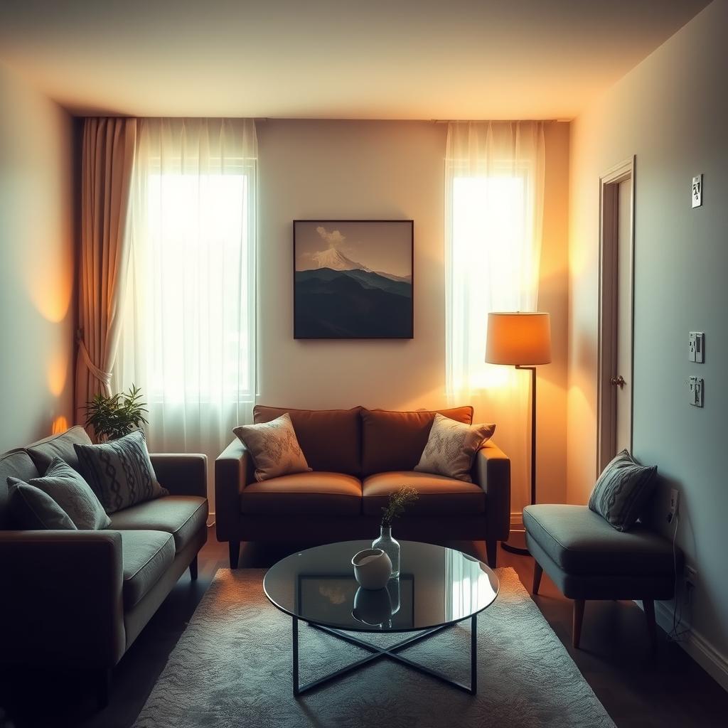 A cozy interior scene featuring an inviting living room with a stylish sofa and a beautiful coffee table