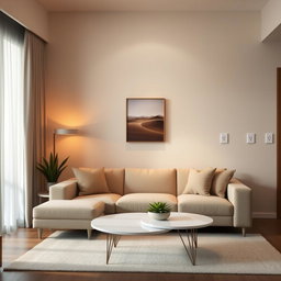 A cozy interior scene featuring an inviting living room with a stylish sofa and a beautiful coffee table