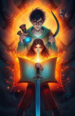A mystical scene featuring Amarah positioned centrally, holding an open book that radiates a warm, magical glow, symbolizing the enchanting realm within