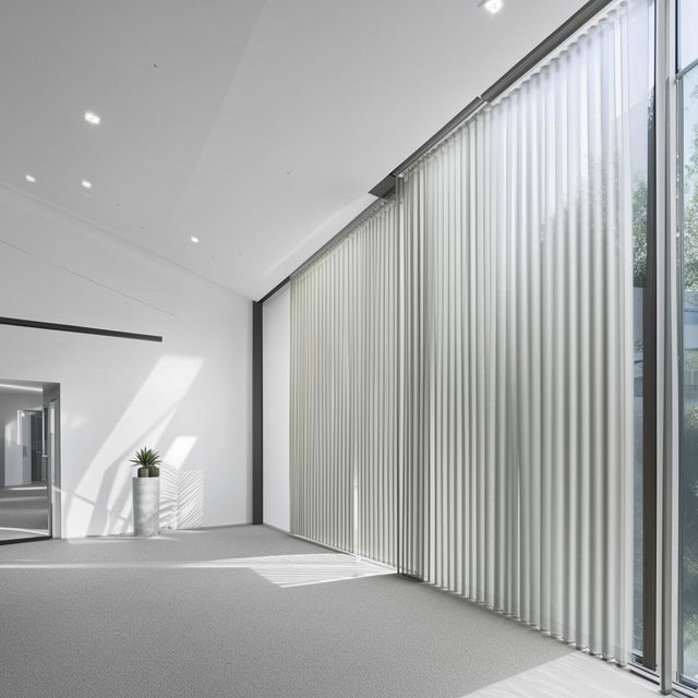 A spacious shared office with a white and gray interior, positioned facing a dramatic window curtain wall, immersing the workspace in natural light.