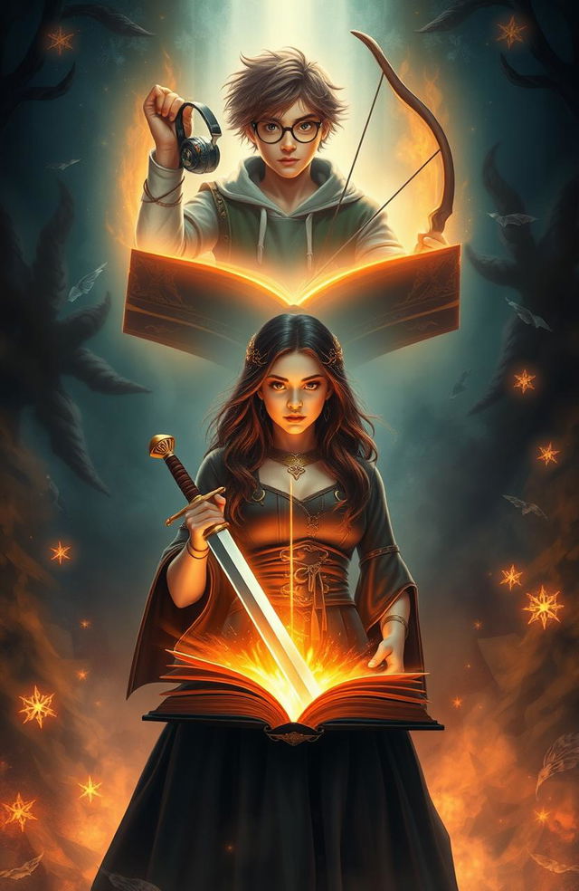 A mystical scene featuring Amarah positioned centrally, holding an open book that radiates a warm, magical glow, symbolizing the enchanting realm within