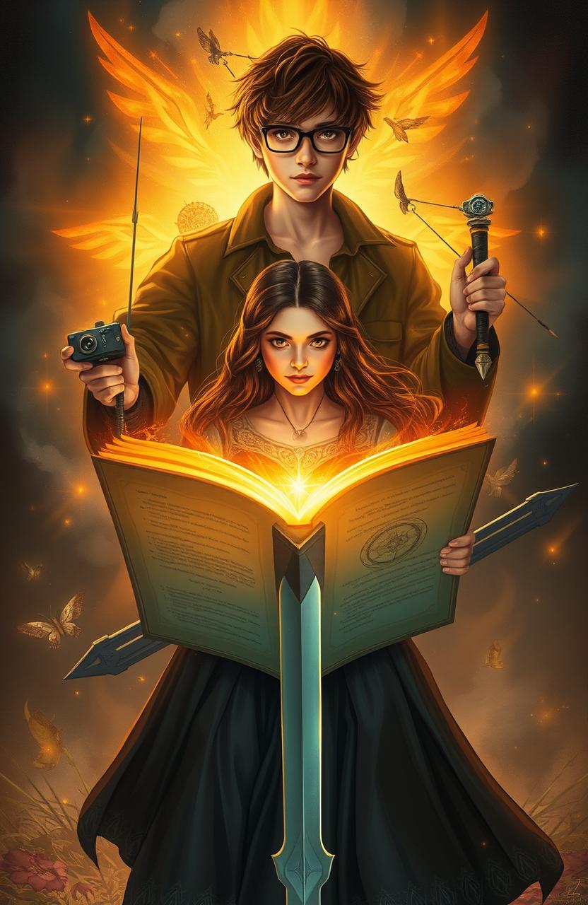 A mystical scene featuring Amarah positioned centrally, holding an open book that radiates a warm, magical glow, symbolizing the enchanting realm within