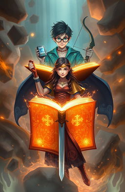 A mystical scene featuring Amarah positioned centrally, holding an open book that radiates a warm, magical glow, symbolizing the enchanting realm within