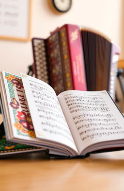 An accordion exercise book, beautifully designed with vibrant colors and intricate patterns on the covers