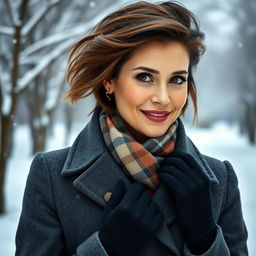 A stunning Russian beauty aged 35 to 45, featuring a stylish and modern hairstyle that enhances her elegance