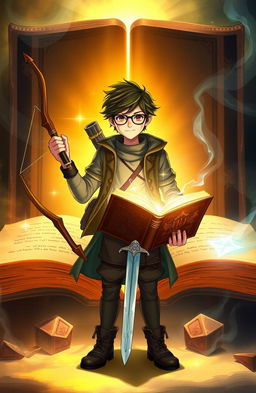 A young man named Shiloh with tousled hair and eyeglasses, appears to be emerging from the glowing pages of a large, ancient book