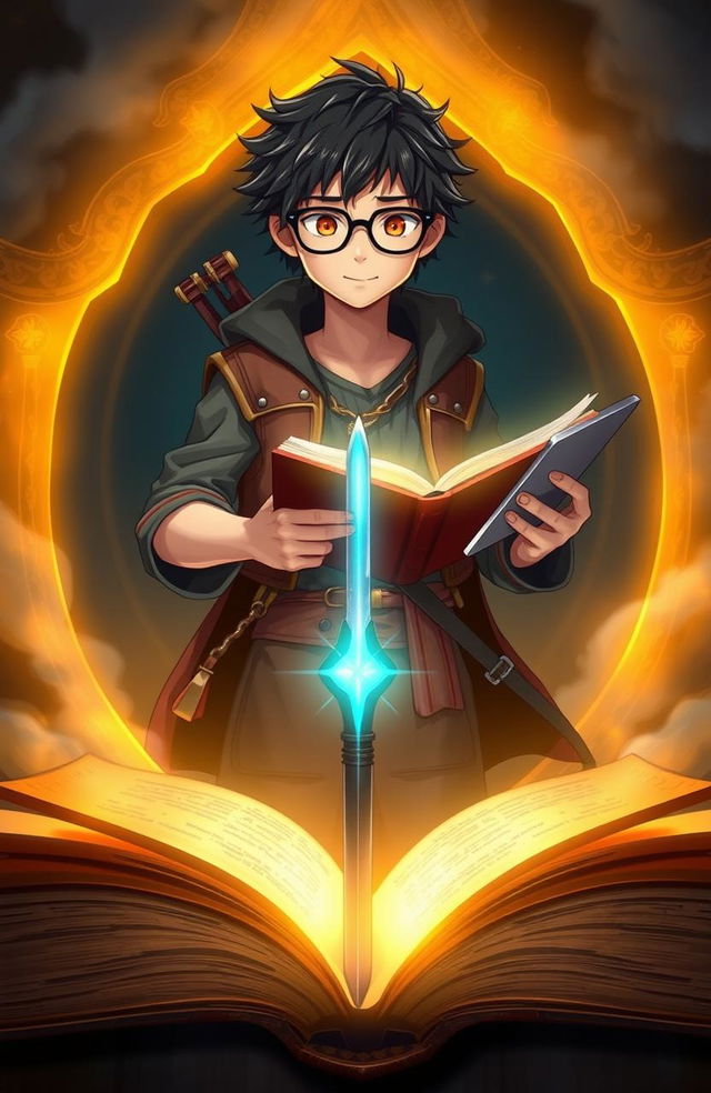 A young man named Shiloh with tousled hair and eyeglasses, appears to be emerging from the glowing pages of a large, ancient book