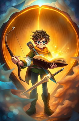 A young man named Shiloh with tousled hair and eyeglasses, appears to be emerging from the glowing pages of a large, ancient book