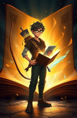 A young man named Shiloh with tousled hair and eyeglasses, appears to be emerging from the glowing pages of a large, ancient book