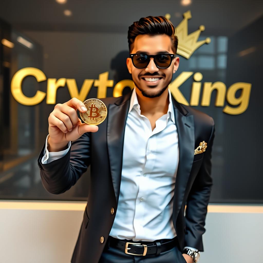 A stylish and wealthy man confidently holding a Bitcoin coin in his hand, standing against a wall where the words 'سلطان کریپتو' (Crypto King) are painted