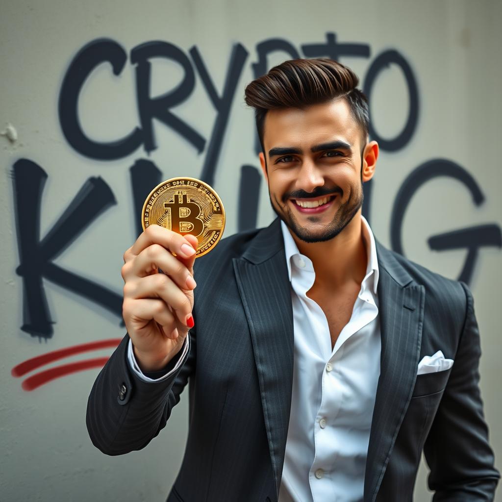 A stylish and wealthy man confidently holding a Bitcoin coin in his hand, standing against a wall that has the words 'Crypto King' written in bold graffiti
