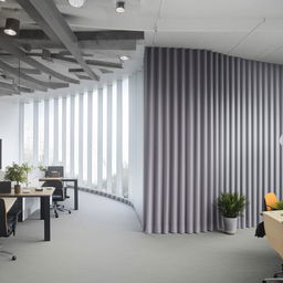 A spacious shared office with a white and gray interior, positioned facing a dramatic window curtain wall, immersing the workspace in natural light.