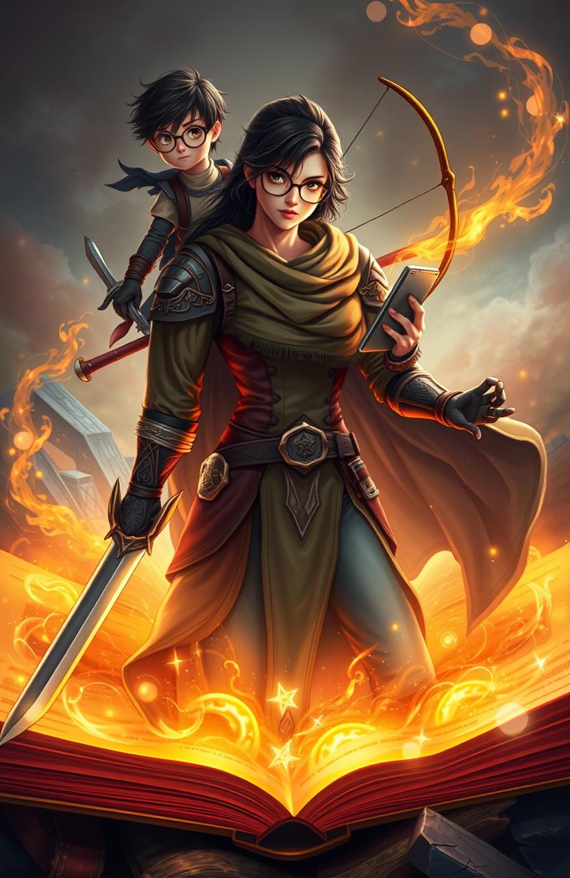 A fantasy scene featuring Amara placed centrally, confidently holding an open book that radiates a warm, magical glow