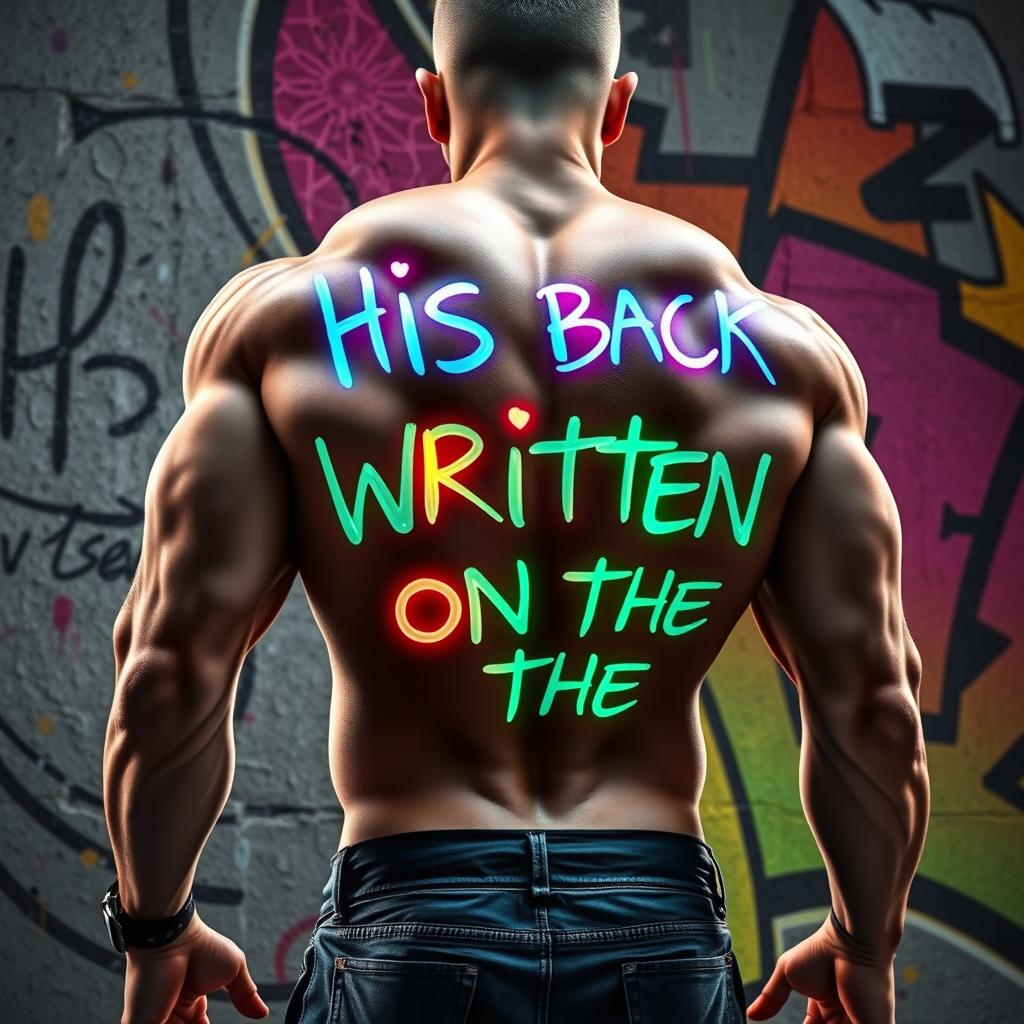 A powerful digital artwork showing a close-up view of a muscular man's back, intricately detailed with vibrant, glowing graffiti that spells out 'His back is written on the wall by Sultan Krypto'