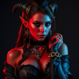 A strikingly beautiful rogue tiefling woman with red skin, showcasing her alluring piercings and stunning gold accessories