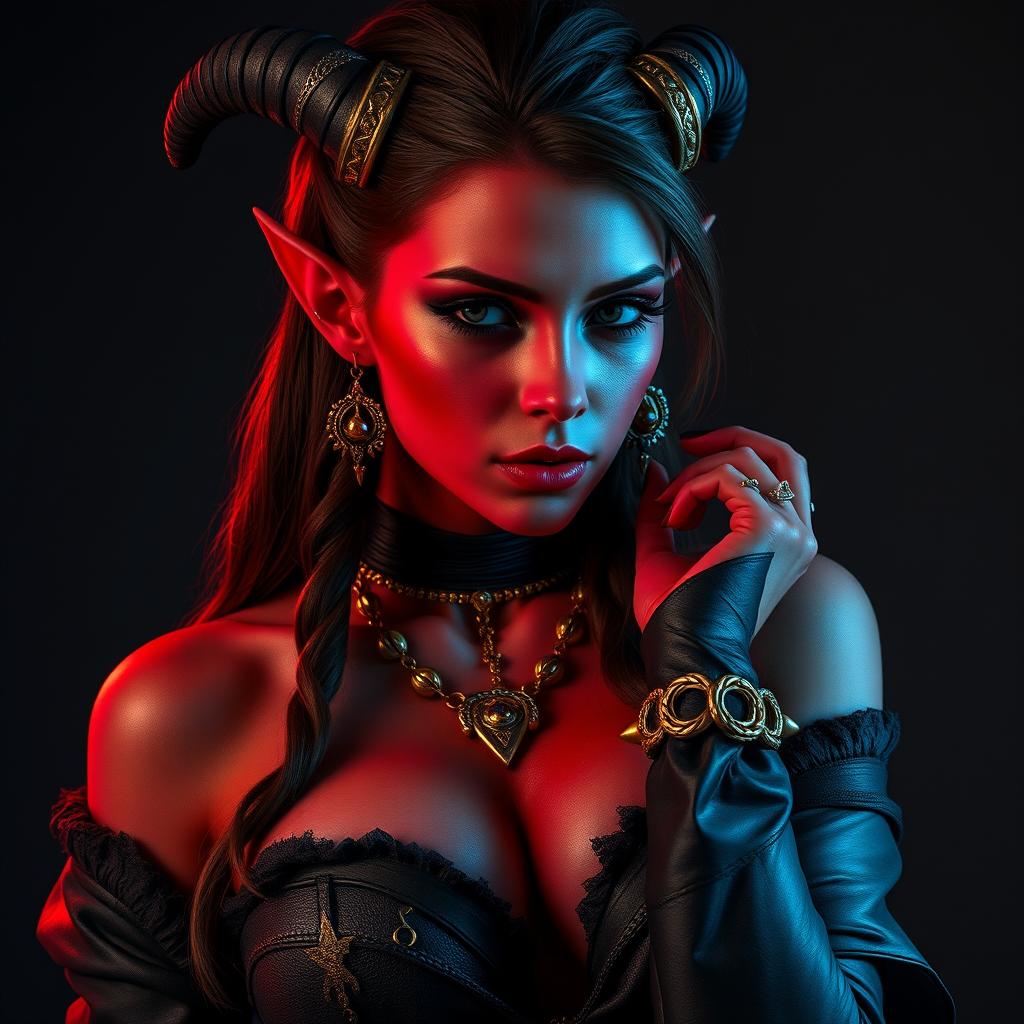 A strikingly beautiful rogue tiefling woman with red skin, showcasing her alluring piercings and stunning gold accessories