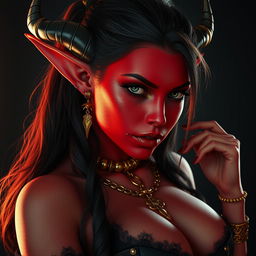 A strikingly beautiful rogue tiefling woman with red skin, showcasing her alluring piercings and stunning gold accessories
