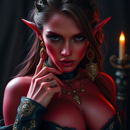 A strikingly beautiful rogue tiefling woman with red skin, showcasing her alluring piercings and stunning gold accessories