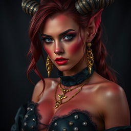 A strikingly beautiful rogue tiefling woman with red skin, showcasing her alluring piercings and stunning gold accessories