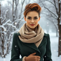 An alluring Russian beauty aged 35 to 45 with a fashionable and modern hairstyle, showcasing sophistication